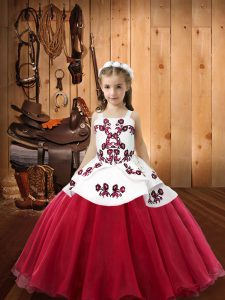 Coral Red Ball Gowns Organza Straps Sleeveless Embroidery Floor Length Lace Up Kids Formal Wear