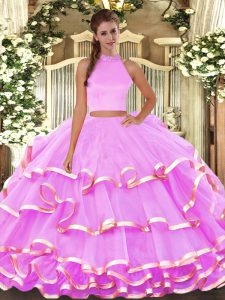 Sleeveless Floor Length Beading and Ruffled Layers Backless Sweet 16 Quinceanera Dress with Lilac