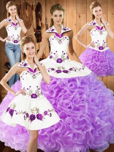 Floor Length Lace Up Quinceanera Dress Lilac for Military Ball and Sweet 16 and Quinceanera with Embroidery