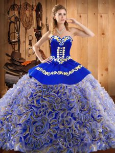Pretty Satin and Fabric With Rolling Flowers Sweetheart Sleeveless Sweep Train Lace Up Embroidery Quinceanera Gown in Multi-color