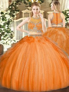 Traditional Orange Scoop Neckline Beading 15th Birthday Dress Sleeveless Zipper