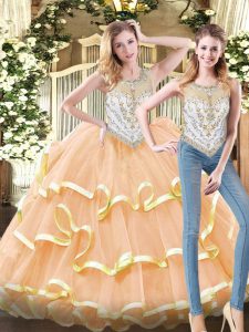 Peach Ball Gowns Beading and Ruffled Layers Quinceanera Gown Zipper Organza Sleeveless Floor Length