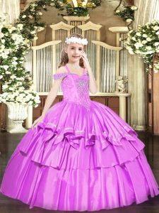 Lilac Sleeveless Beading and Ruffled Layers Floor Length Kids Formal Wear
