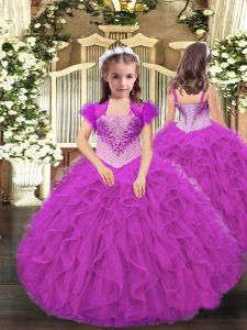 Fuchsia Sleeveless Organza Lace Up Kids Formal Wear for Party and Sweet 16 and Quinceanera and Wedding Party