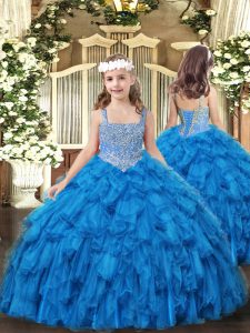 Eye-catching Sleeveless Tulle Floor Length Lace Up Little Girls Pageant Dress in Baby Blue with Beading and Ruffles
