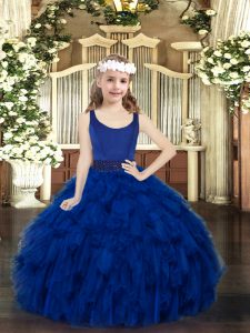 Custom Fit Floor Length Royal Blue Pageant Dresses Scoop Sleeveless Zipper