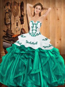 Turquoise Sleeveless Floor Length Embroidery and Ruffles Lace Up Sweet 16 Dresses
