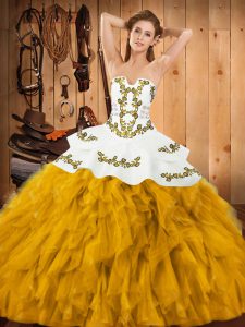 Amazing Gold Satin and Organza Lace Up Strapless Sleeveless Floor Length Quinceanera Dress Embroidery and Ruffles