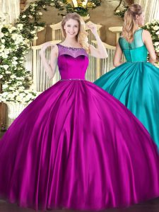 Fuchsia Sleeveless Floor Length Beading Zipper Vestidos de Quinceanera