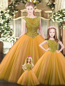 Custom Made Scoop Sleeveless Sweet 16 Dresses Floor Length Beading Orange Tulle
