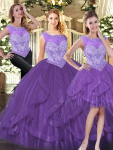 Hot Selling Purple Scoop Neckline Beading and Ruffles Quince Ball Gowns Sleeveless Zipper
