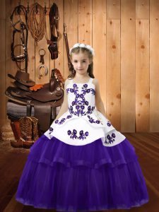Floor Length Purple Kids Pageant Dress Tulle Sleeveless Embroidery