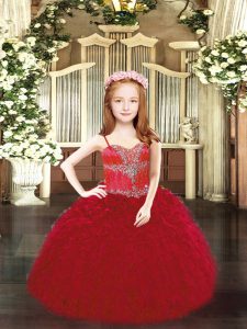 Latest Wine Red Ball Gowns Spaghetti Straps Sleeveless Organza Floor Length Lace Up Beading and Ruffles Little Girls Pageant Gowns