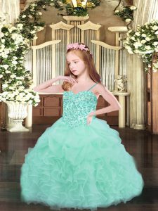Apple Green Organza Lace Up Girls Pageant Dresses Sleeveless Floor Length Beading and Ruffles and Pick Ups