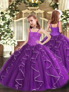 Purple Sleeveless Organza Lace Up Little Girls Pageant Gowns for Party and Sweet 16 and Quinceanera and Wedding Party