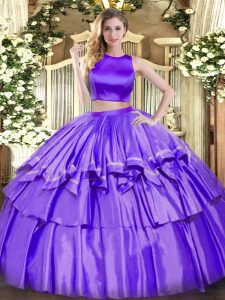 Floor Length Purple Quince Ball Gowns Tulle Sleeveless Ruffled Layers