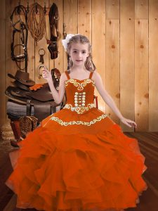 Fashionable Orange Red Organza Lace Up Straps Sleeveless Floor Length High School Pageant Dress Embroidery and Ruffles