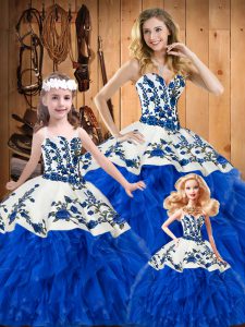 Cute Floor Length Blue Sweet 16 Quinceanera Dress Satin and Organza Sleeveless Embroidery and Ruffles