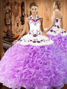 Lilac Lace Up Halter Top Embroidery 15 Quinceanera Dress Fabric With Rolling Flowers Sleeveless