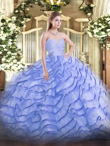 Blue Organza Lace Up Sweetheart Sleeveless Quinceanera Dresses Brush Train Beading and Ruffled Layers
