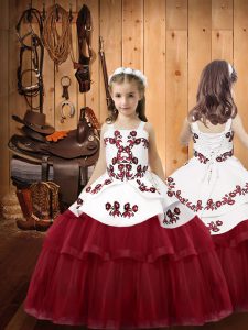Floor Length Ball Gowns Sleeveless Burgundy Girls Pageant Dresses Lace Up