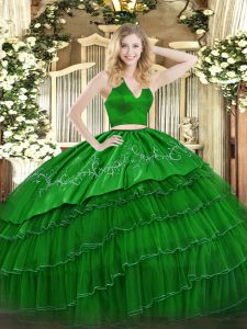 Two Pieces Quinceanera Dresses Green Halter Top Tulle Sleeveless Floor Length Zipper