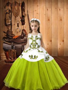 Luxurious Yellow Green Lace Up Pageant Dress for Girls Embroidery Sleeveless Floor Length