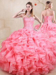 Smart Floor Length Watermelon Red Sweet 16 Dress Sweetheart Sleeveless Lace Up