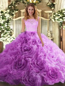 Modern Lilac Zipper Scoop Lace Quinceanera Gown Fabric With Rolling Flowers Sleeveless