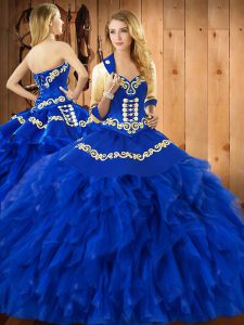 Glamorous Sleeveless Satin and Organza Floor Length Lace Up Quinceanera Gowns in Blue with Embroidery and Ruffles