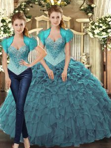 Elegant Teal Straps Neckline Beading and Ruffles Sweet 16 Quinceanera Dress Sleeveless Lace Up