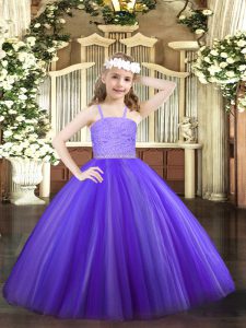 Fancy Lavender Ball Gowns Beading and Lace Kids Pageant Dress Zipper Tulle Sleeveless Floor Length