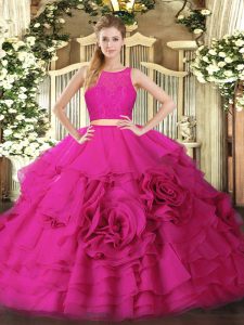 Smart Hot Pink Sleeveless Floor Length Ruffles Zipper Ball Gown Prom Dress