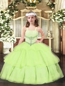 Sleeveless Organza Floor Length Lace Up Pageant Dress for Womens in Yellow Green with Beading and Ruffled Layers