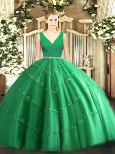 Best Selling Floor Length Zipper 15 Quinceanera Dress Green for Military Ball and Sweet 16 and Quinceanera with Beading