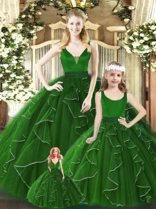 Green Zipper V-neck Beading and Ruffles Sweet 16 Dress Organza Sleeveless