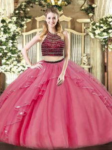 Halter Top Sleeveless Organza Ball Gown Prom Dress Beading and Ruffles Zipper