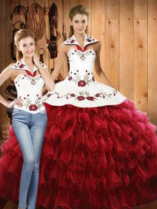 Embroidery and Ruffled Layers Quinceanera Gowns Red Lace Up Sleeveless Floor Length