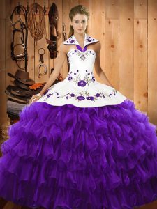Ball Gowns Quinceanera Dress Purple Halter Top Organza Sleeveless Floor Length Lace Up