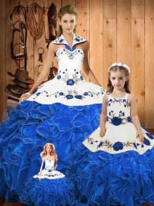Custom Fit Blue Tulle Lace Up Halter Top Sleeveless Floor Length 15 Quinceanera Dress Embroidery and Ruffles