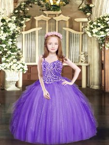 Perfect Lavender Spaghetti Straps Neckline Beading and Ruffles Pageant Dress for Womens Sleeveless Lace Up