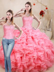 Watermelon Red Lace Up Quince Ball Gowns Beading and Ruffles Sleeveless Floor Length