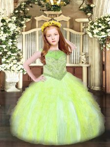 Yellow Green Ball Gowns Scoop Sleeveless Organza Floor Length Zipper Beading and Ruffles Little Girl Pageant Dress