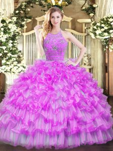 On Sale Lilac Tulle Zipper Sweet 16 Dress Sleeveless Floor Length Beading and Ruffled Layers
