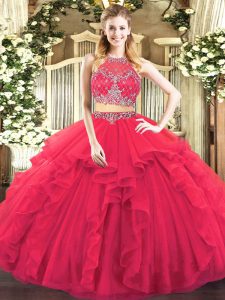 Simple Coral Red 15 Quinceanera Dress Military Ball and Sweet 16 and Quinceanera with Beading and Ruffles Scoop Sleeveless Zipper