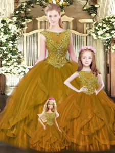 Best Selling Brown Sleeveless Beading and Ruffles Floor Length Vestidos de Quinceanera