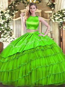 Criss Cross High-neck Embroidery and Ruffled Layers Sweet 16 Dress Tulle Sleeveless