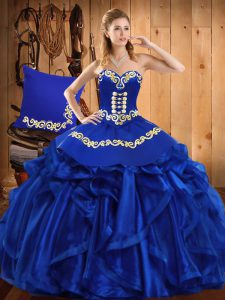 Royal Blue Sweetheart Neckline Embroidery and Ruffles Ball Gown Prom Dress Sleeveless Lace Up