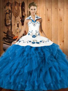 Pretty Floor Length Lace Up Quinceanera Gowns Teal for Military Ball and Sweet 16 and Quinceanera with Embroidery and Ruffles