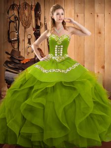 Olive Green Lace Up Sweetheart Embroidery and Ruffles Quinceanera Dresses Organza Sleeveless